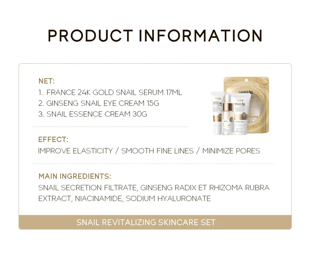 3pcs/set LAIKOU Skin Care Set Vitamin C Sakura Snail Essence Serum & Eye Cream & Face Cream Moisturizer Travel Size Skincare Set