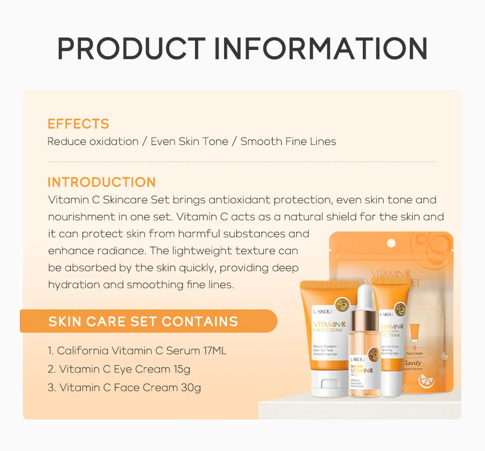 3pcs/set LAIKOU Skin Care Set Vitamin C Sakura Snail Essence Serum & Eye Cream & Face Cream Moisturizer Travel Size Skincare Set