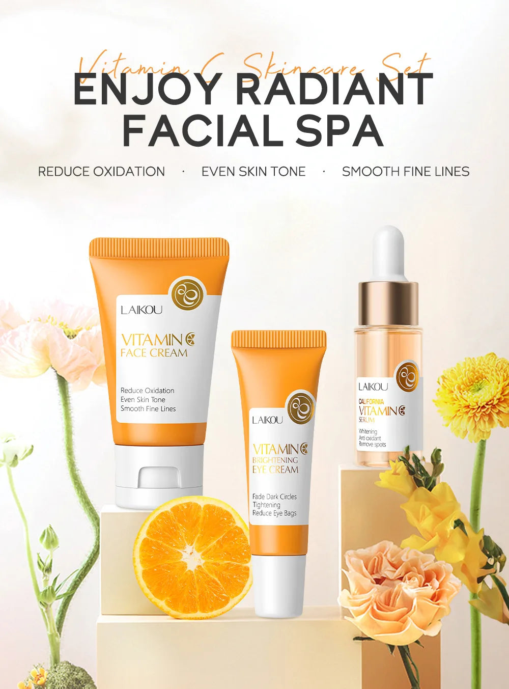 3pcs/set LAIKOU Skin Care Set Vitamin C Sakura Snail Essence Serum & Eye Cream & Face Cream Moisturizer Travel Size Skincare Set
